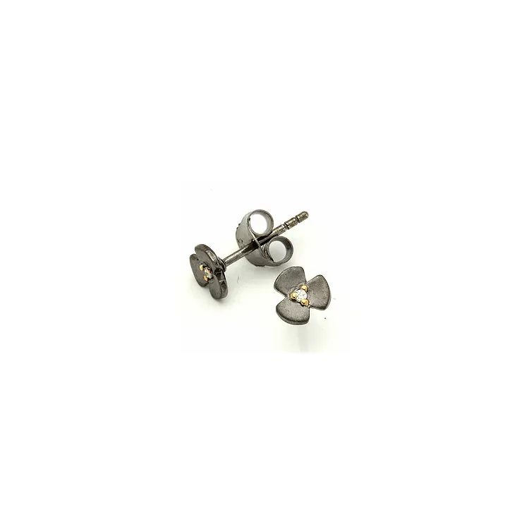 Dark Harmony Blumen Blumenohrringe in schwarzes rhodiniertes Silber mit vergoldetem Sterlingsilber