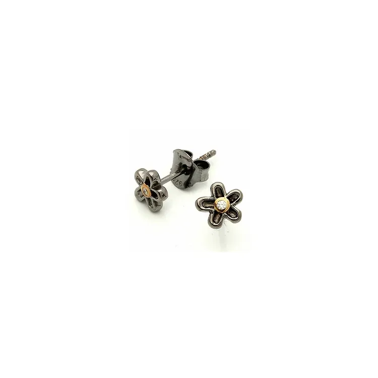 kleinen Blumen Ohrstecker in schwarzes rhodiniertes Silber mit vergoldetem Sterlingsilber