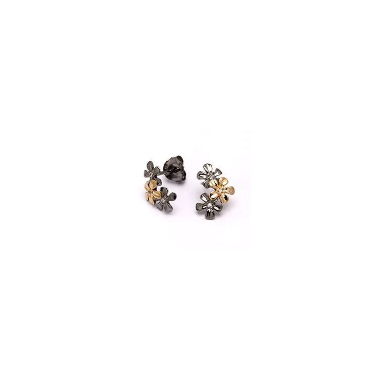 Dark Harmony Blumen Ohrringe in schwarzes rhodiniertes Silber mit vergoldetem Sterlingsilber