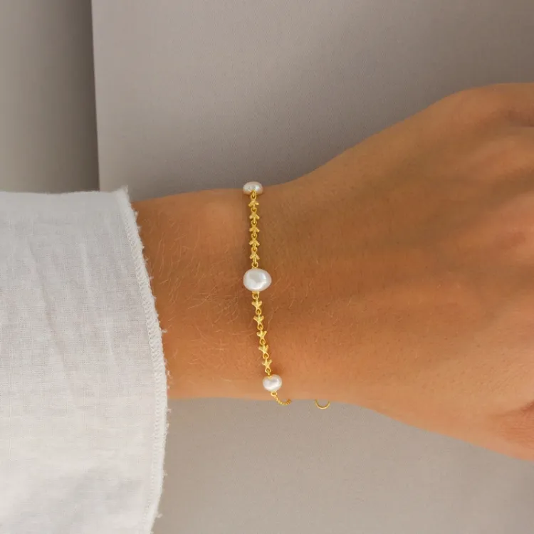 Perle Armband aus vergoldetem Sterlingsilber 16 plus 3 cm x 6,9 mm  - Lumé Etched