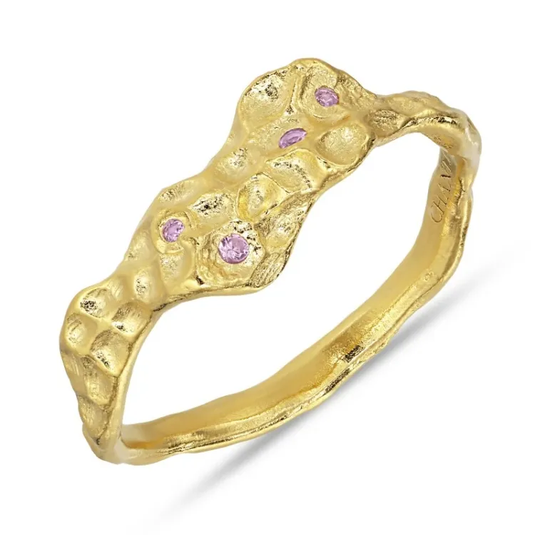 pink Zirkon Ring aus vergoldetem Sterlingsilber - Lumé Etched