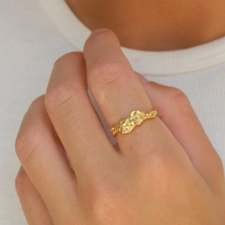 pink Zirkon Ring aus vergoldetem Sterlingsilber - Lumé Etched