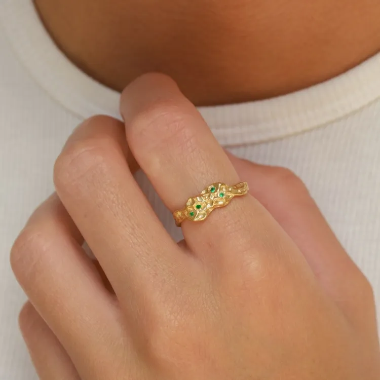 grünem Zirkon Ring aus vergoldetem Sterlingsilber - Lumé Etched
