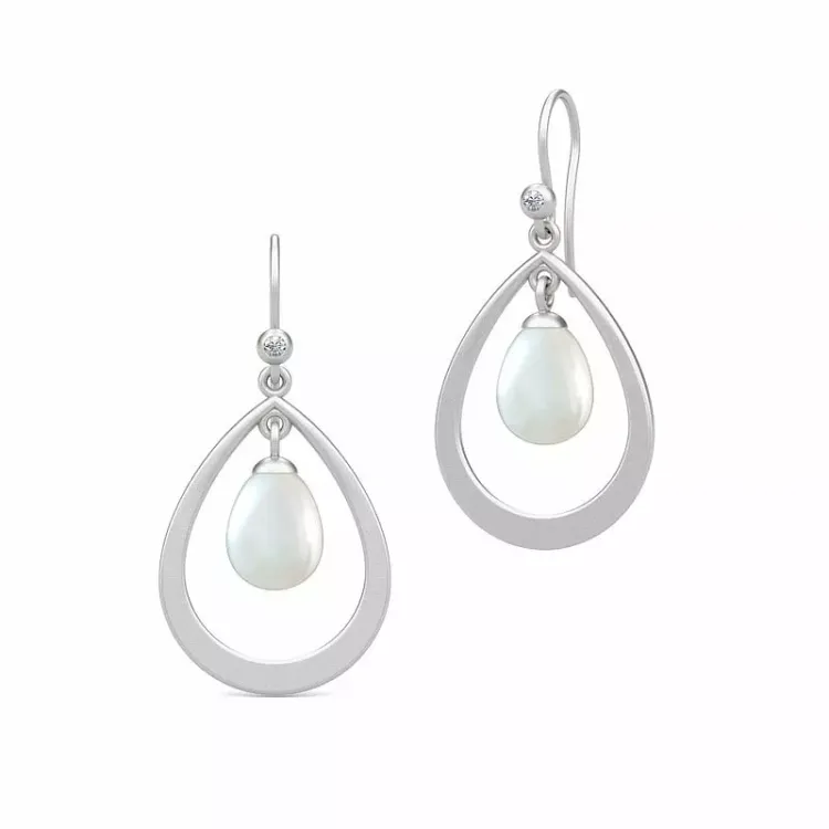 lange Julie Sandlau Perla tropfenförmigen weißem Perle Ohrringe in Satinrhodiniertes Sterlingsilber weißem Zirkon