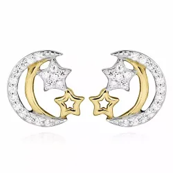 Mond und Stern weißen Zirkon Ohrstecker in rhodiniertem Silber mit vergoldetem Sterlingsilber