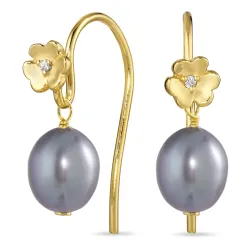 Blumen grauem Perle Ohrringe in vergoldetem Sterlingsilber
