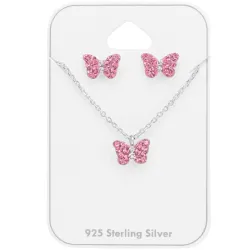 Schmetterlinge rosa Set mit Ohrringe und Halskette in Silber - Little Ones