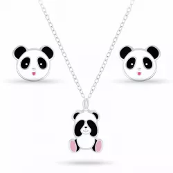 Panda Set mit Ohrringe und Halskette in Silber weißem Emaille schwarz Emaille pink Emaille