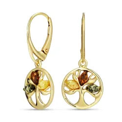 Lebensbaum mehrfarbigen Bernstein Ohrringe in vergoldetem Silber