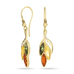 Blatt mehrfarbigen Bernstein Ohrringe in vergoldetem Silber