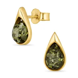Tropfen grünen Bernstein Ohrstecker in vergoldetem Silber