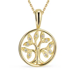 12 mm Lebensbaum Diamant Halskette aus vergoldetem Sterlingsilber und Anhänger aus 8 Karat Gold - Gold Collection