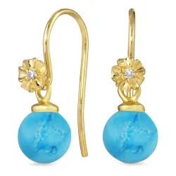 Blumen synthetischer Türkis Ohrhaken in vergoldetem Silber