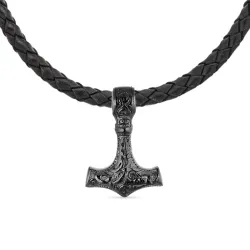 Wasserfest Thors Hammer Halskette aus Leder und Anhänger aus Schwarzer Stahl - OCEANA
