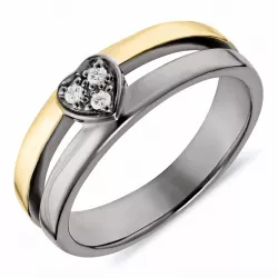 Herz weißem Zirkon Ring aus schwarzes rhodiniertes Silber mit vergoldetem Sterlingsilber